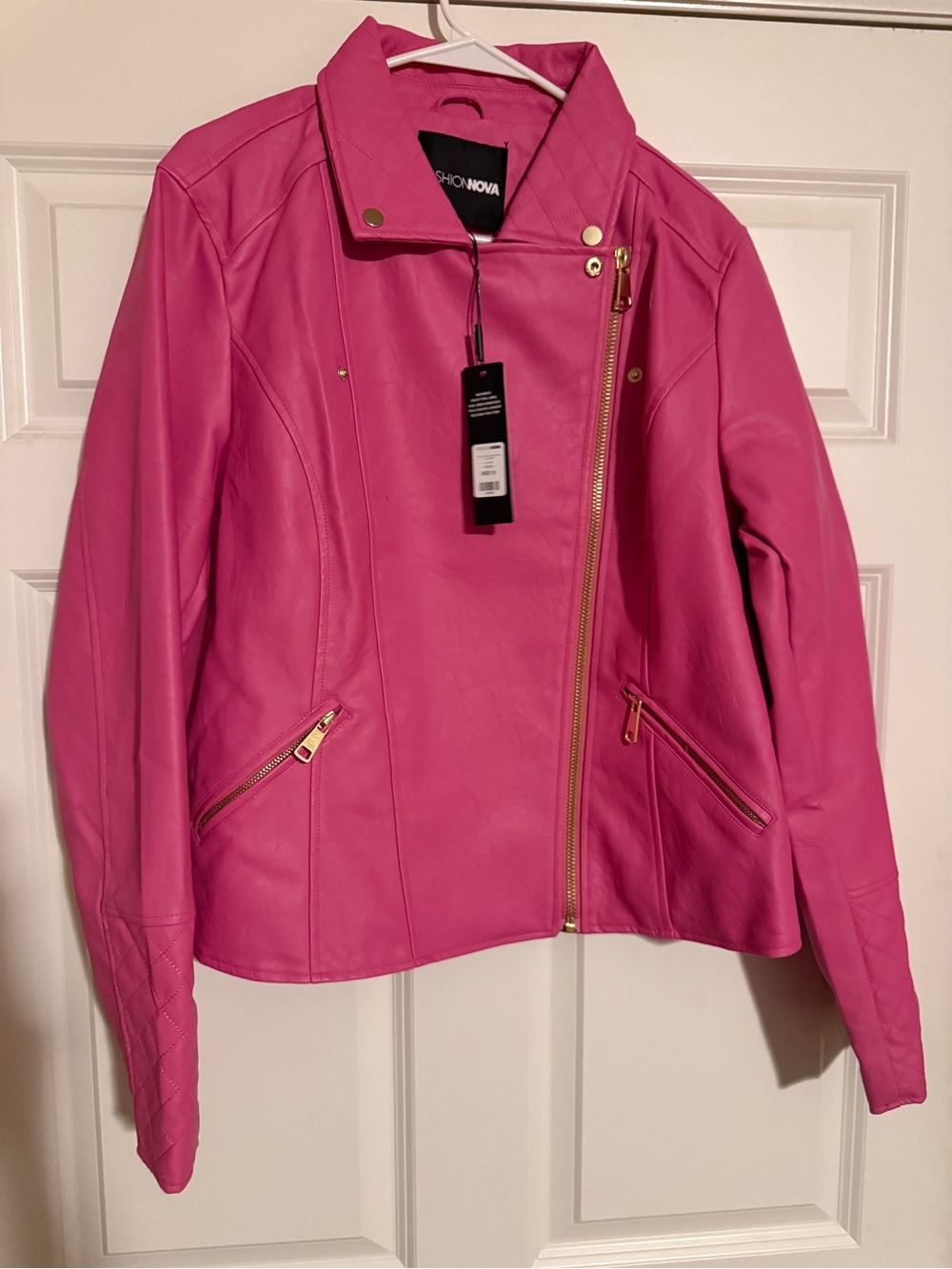 NWT Fashion Nova Hot Pink Faux Leather Moto Jacket with Gold Hardware